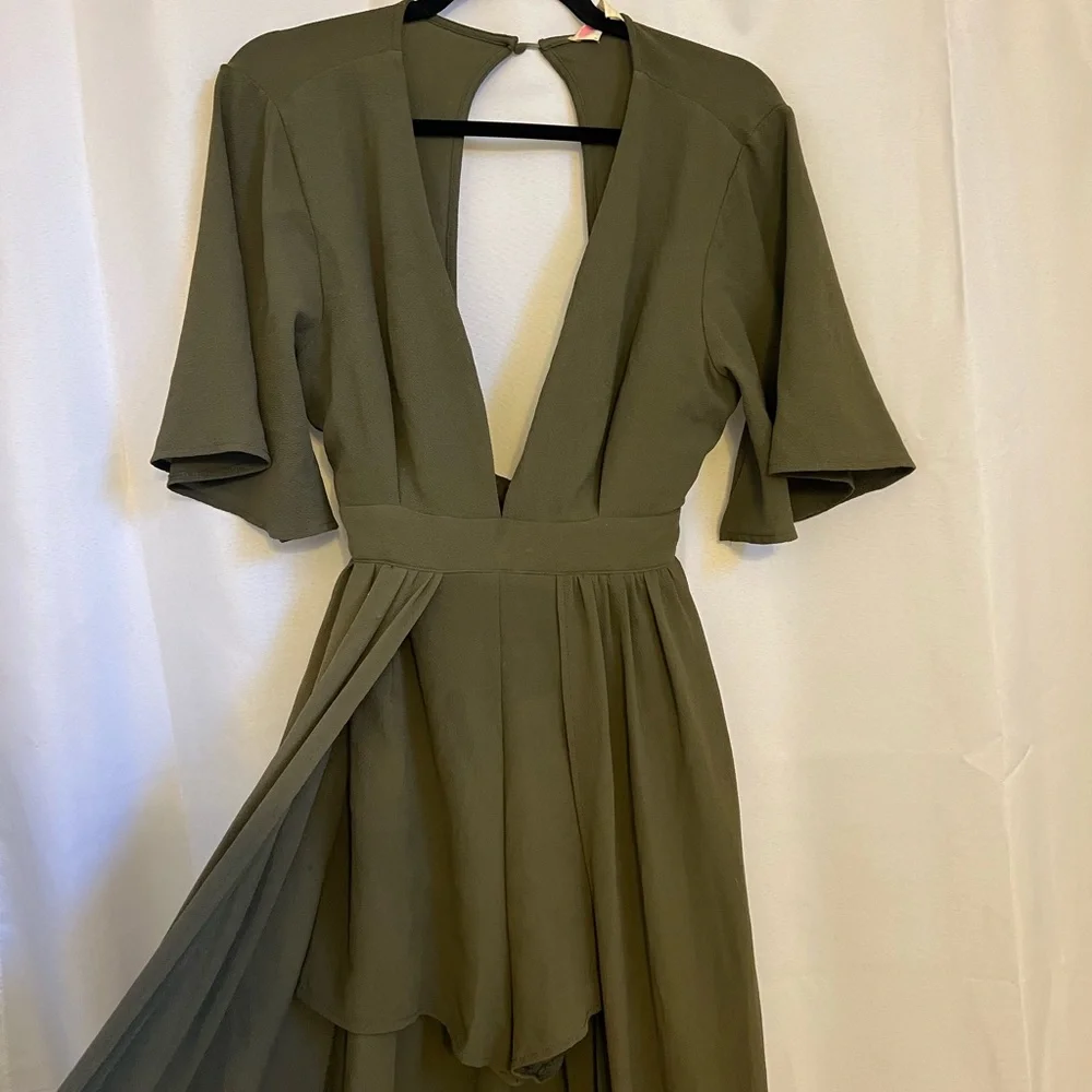 Olive Green Romper with Long Cape Skirt - Picture 4 of 8
